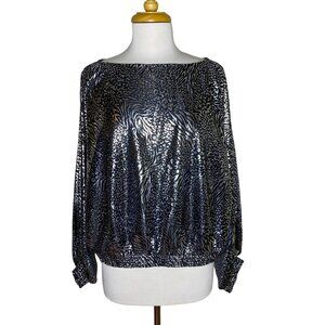 Vintage 80s Black & Silver Metallic Animal Print Blouse, Boat Neck, Puff Sleeves